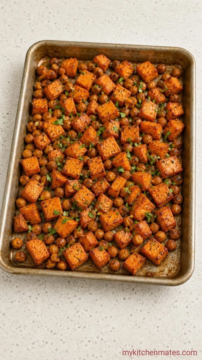30-Minute Vegan Buddha Bowl Step 1: Roast the Sweet Potatoes and Chickpeas