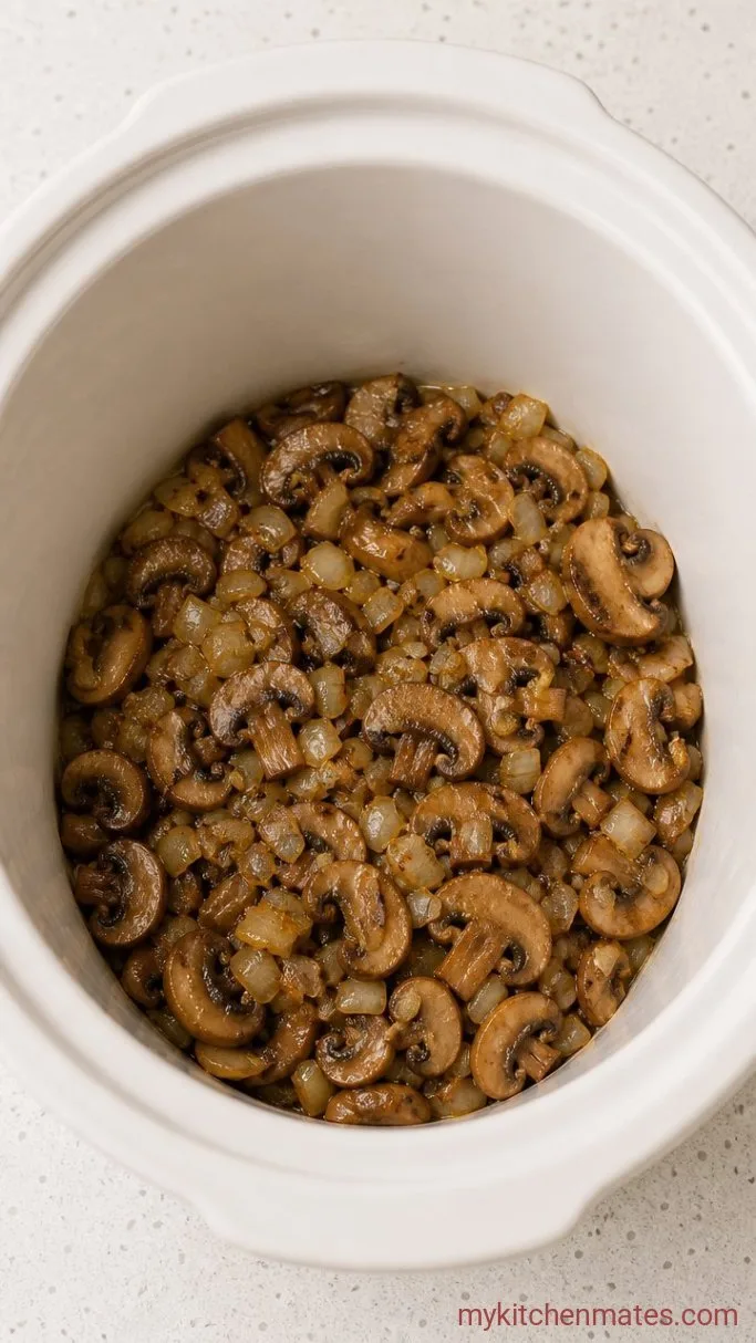 Slow Cooker Green Bean Casserole (Creamy, Crispy, No Oven) Step 1: Sauté the Mushrooms and Onion