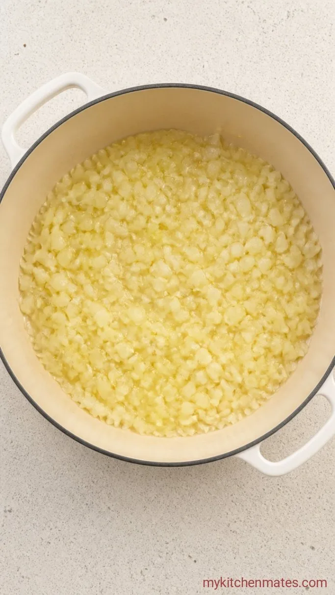 30-Minute High Protein Broccoli Cheddar Soup Step 1: Sauté the Onion and Garlic
