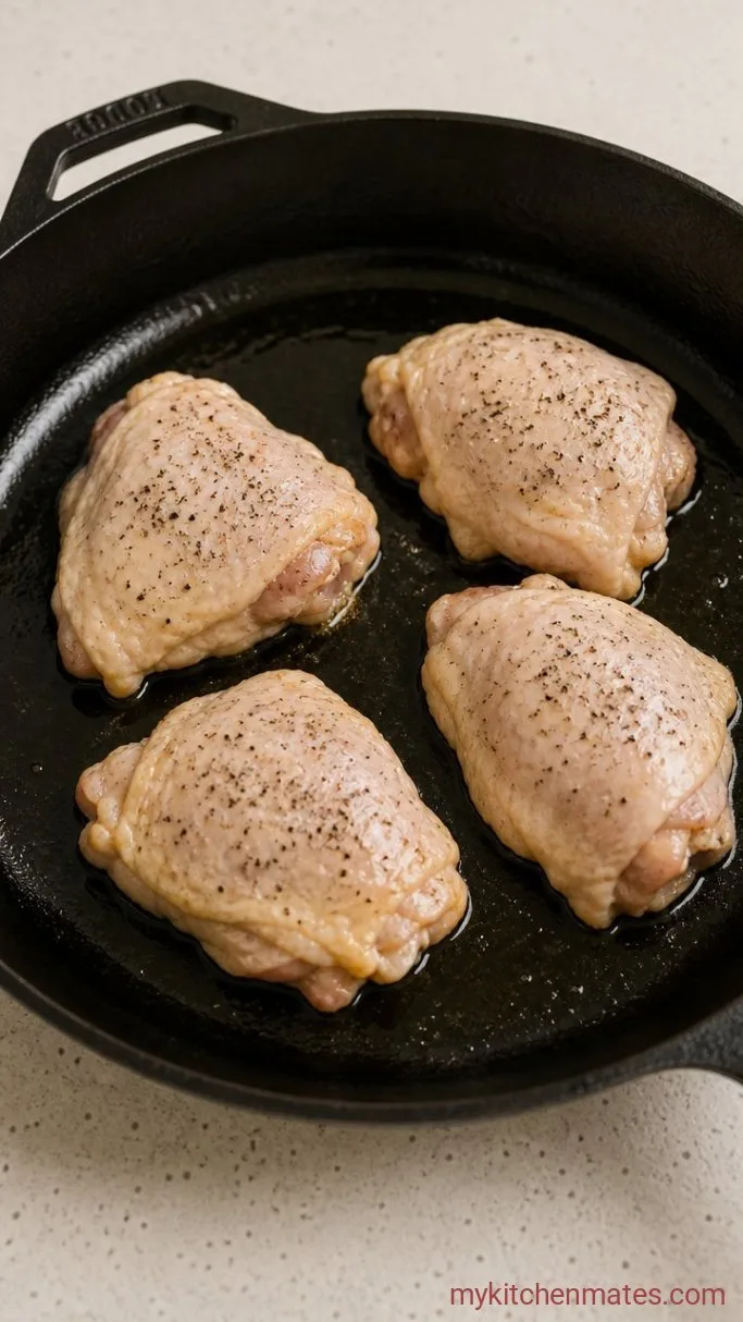 One-Pan Lemon-Herb Chicken Thighs and Rice Step 1: Sear the Chicken Thighs