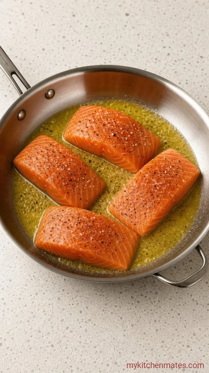 One-Pan Creamy Lemon Garlic Salmon & Orzo Step 1: Season and Sear the Salmon