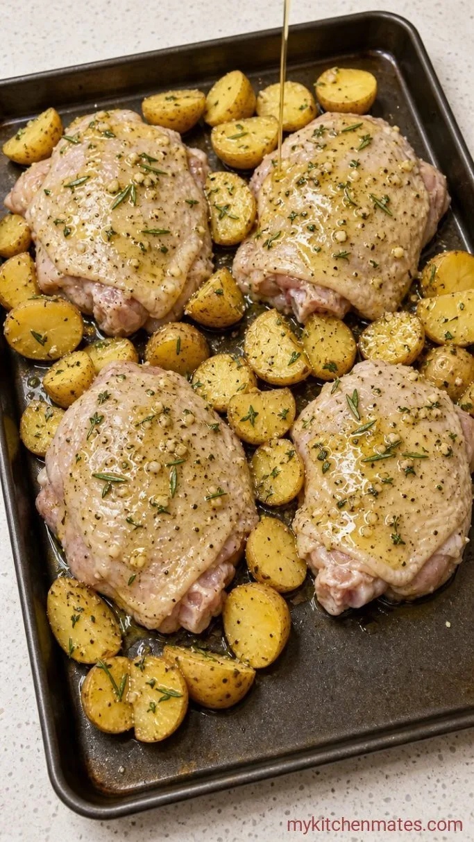 Crispy One-Pan Chicken Thighs and Potatoes Step 1: Season the Chicken and Potatoes