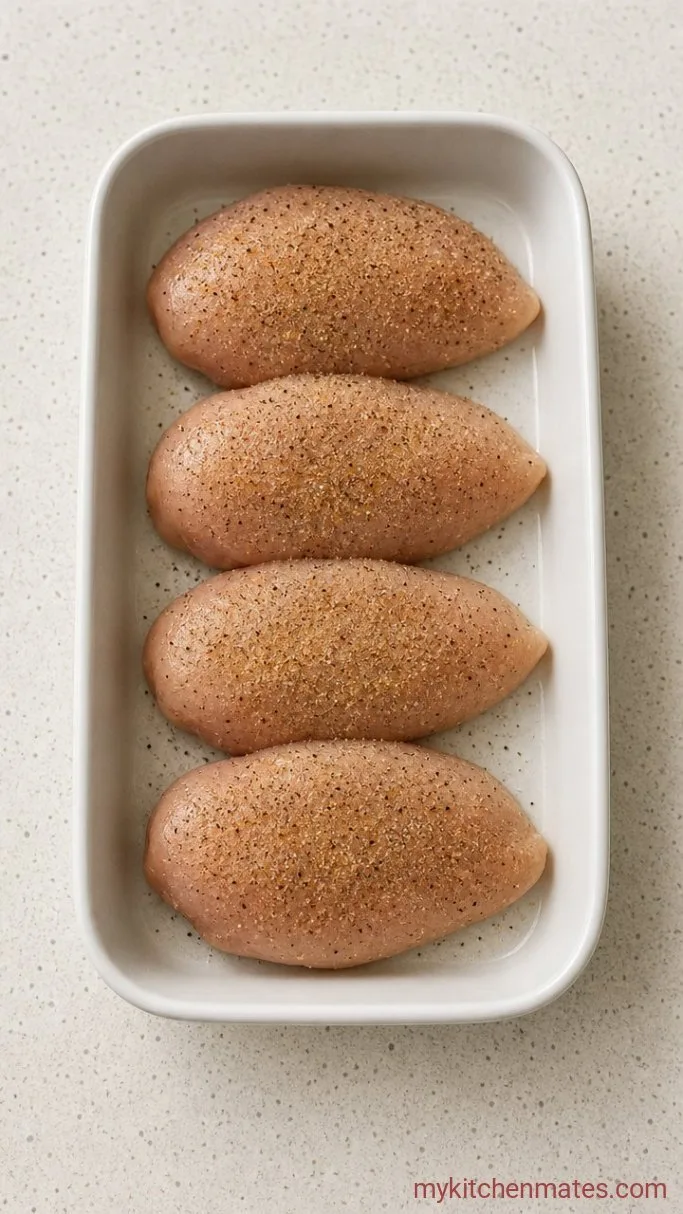 Cheesy Baked Chicken with a Golden Cheesy Crust Step 1: Season the Chicken