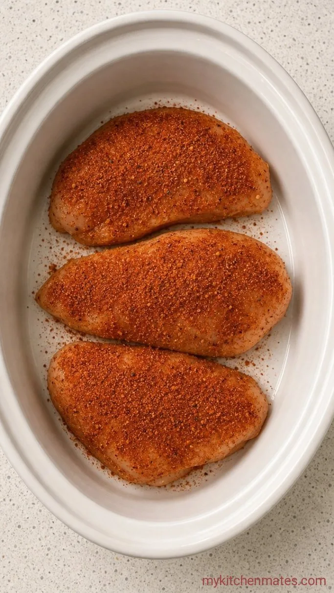 3-Ingredient Crockpot Shredded Chicken Step 1: Season the Chicken