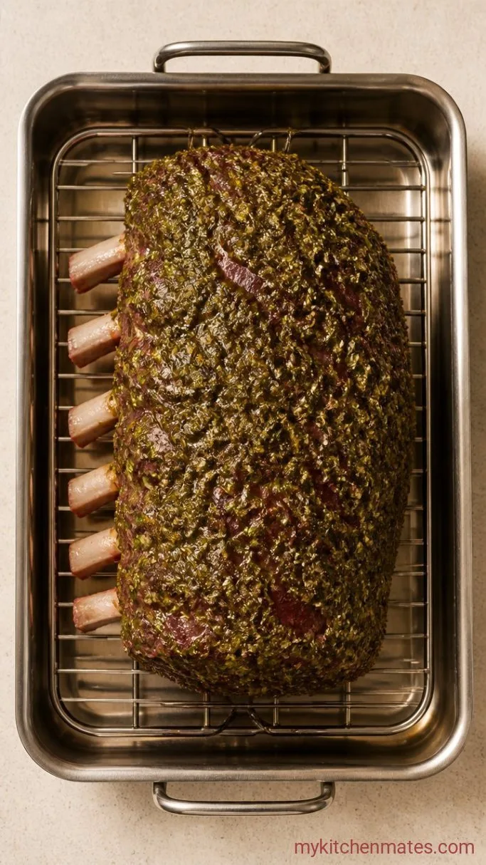 Slow-Roasted Prime Rib with Garlic-Herb Crust Step 1: Season the Roast