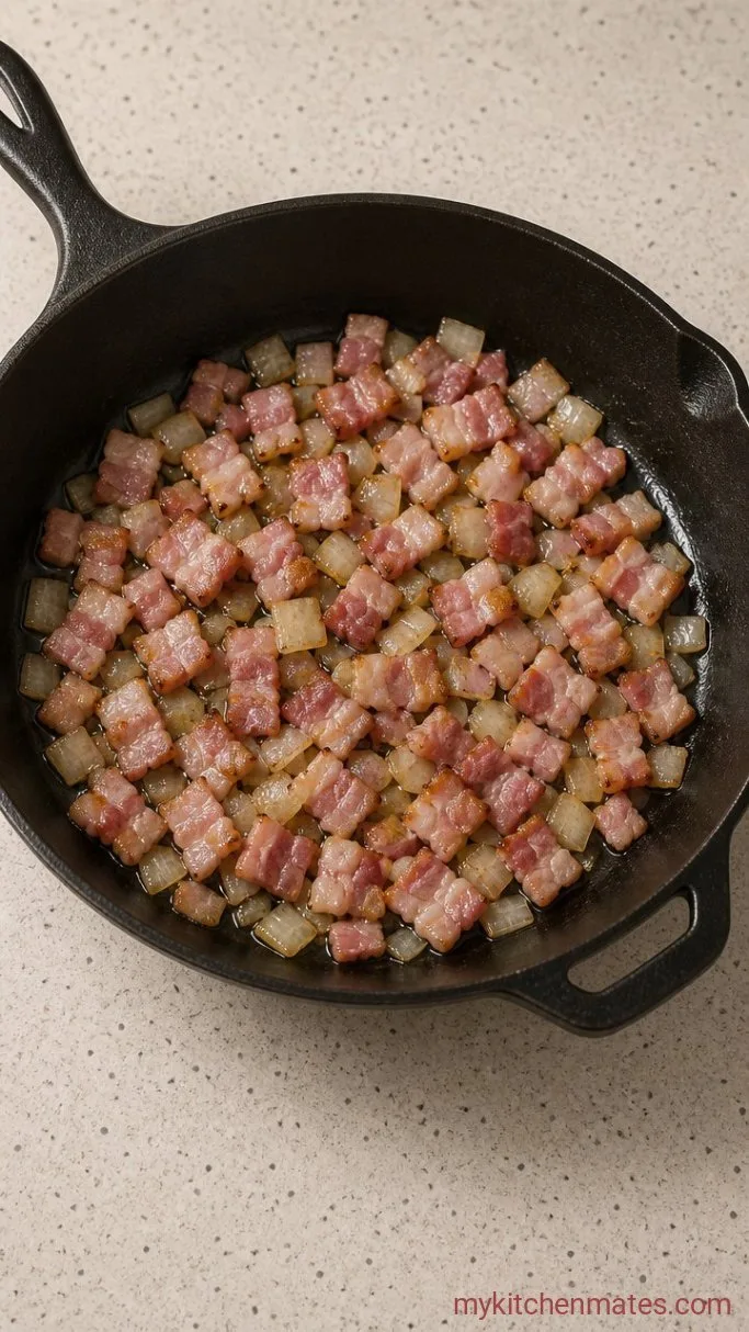 Rich and Smoky Crockpot Baked Beans Step 1: Sizzle the Bacon and Onion