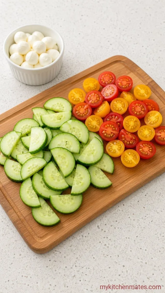 10-Minute Cucumber Caprese Salad Step 1: Slice the Cucumber and Tomatoes