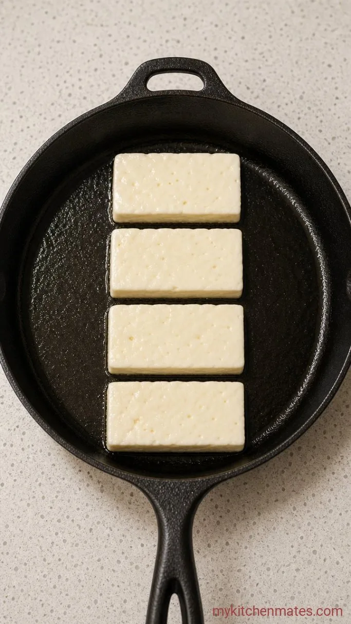 Step 1: Slice the Halloumi and Get the Pan Hot