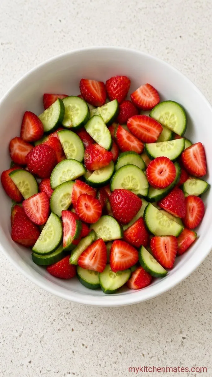 10-Minute Strawberry Cucumber Salad with Feta and Mint Step 1: Slice the Strawberries and Cucumber