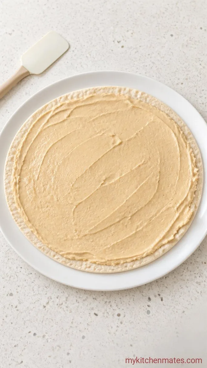 No-Cook Veggie Hummus Wrap Step 1: Spread the Hummus