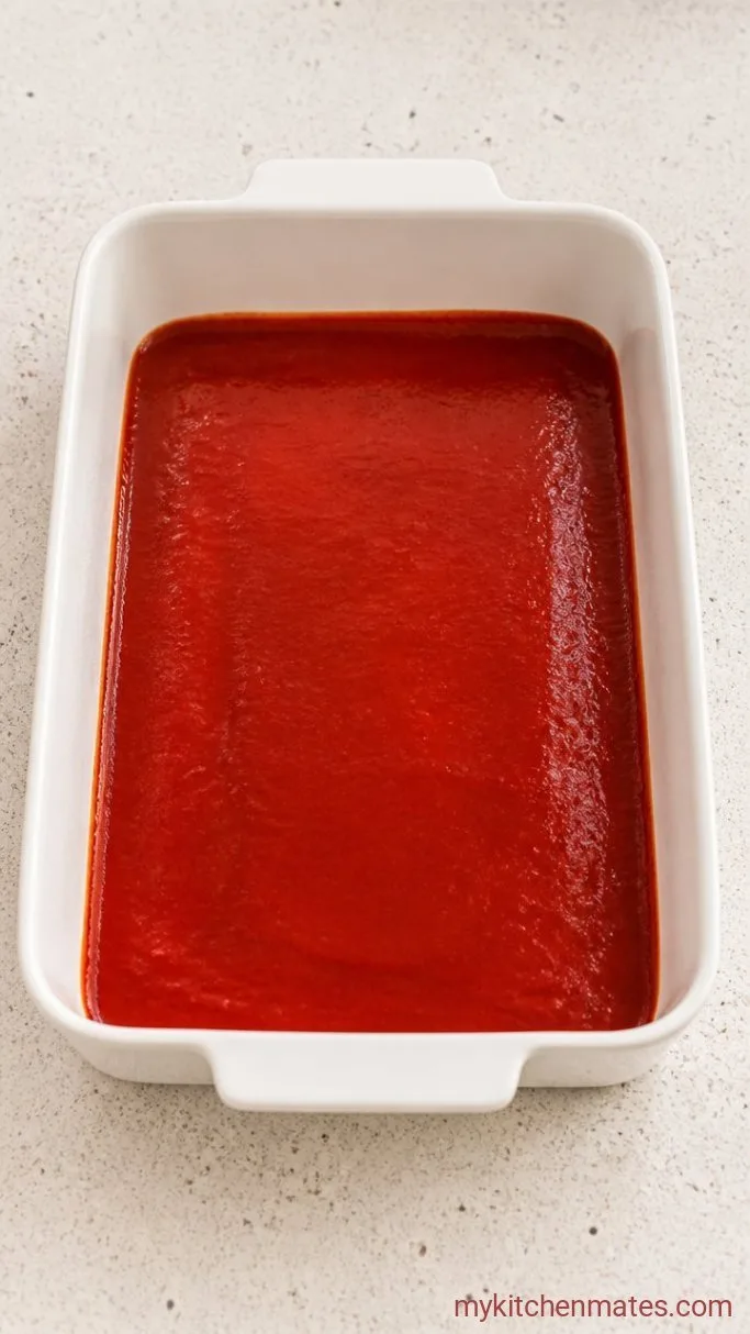 5-Minute Prep Frozen Burrito Casserole Step 1: Spread the Sauce