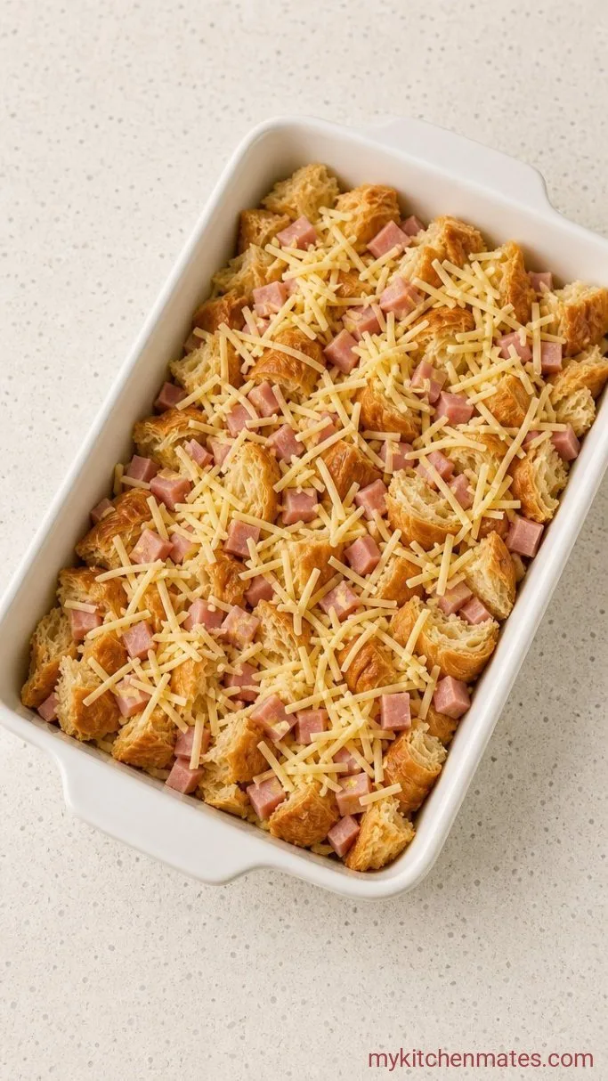Overnight Croissant Breakfast Casserole Step 1: Tear and Layer the Croissants