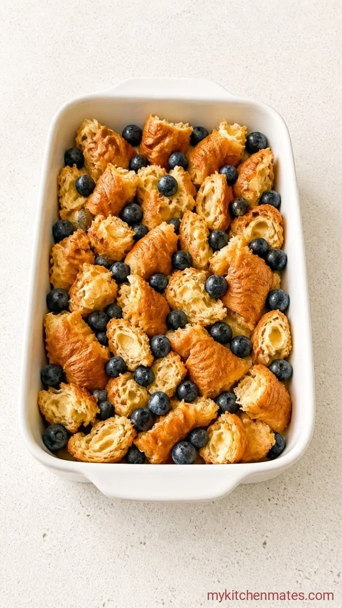 Buttery Blueberry Croissant Breakfast Bake Step 1: Tear and Layer the Croissants