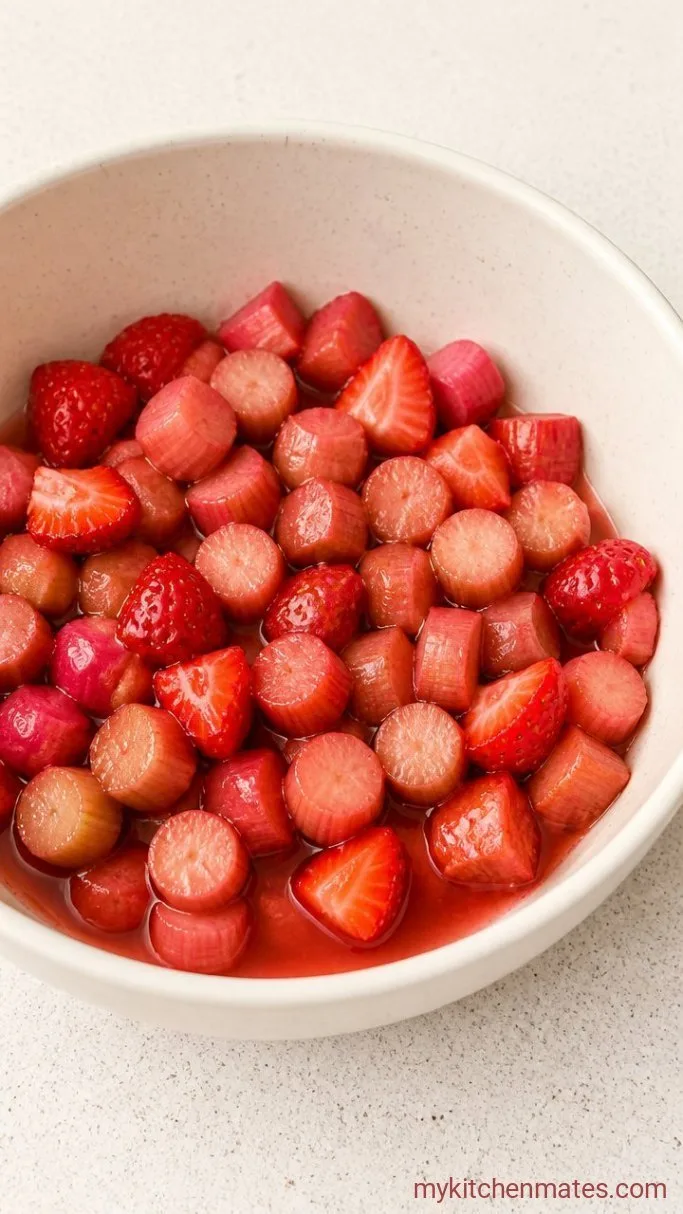 Strawberry Rhubarb Crisp with a Buttery Oat Topping Step 1: Toss and Macerate the Fruit