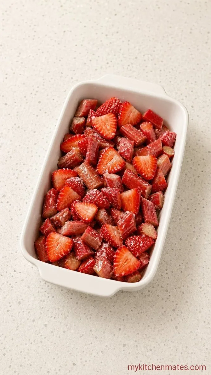 5-Ingredient Strawberry Rhubarb Dump Cake Step 1: Toss the Fruit with Sugar and Cornstarch