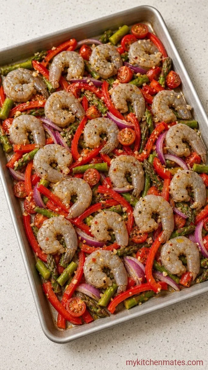20-Minute Sheet Pan Shrimp with Lemon and Garlic Step 1: Toss the Shrimp and Vegetables