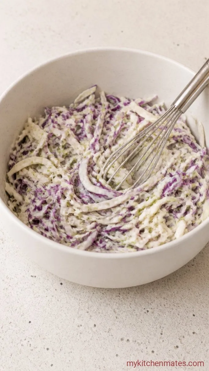 25-Minute Crispy Fish Tacos Step 1: Whisk the Creamy Slaw