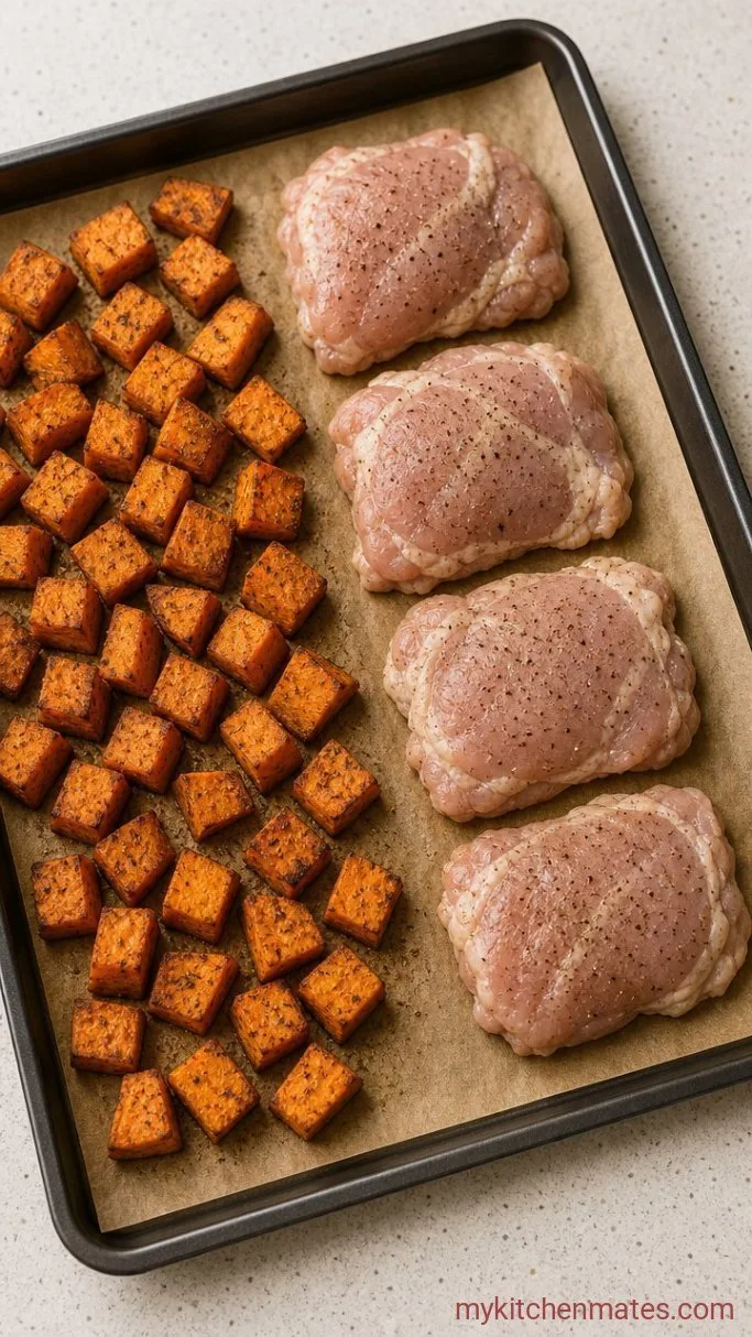 Sheet Pan BBQ Chicken Sweet Potato Bowls Step 2: Add the Chicken