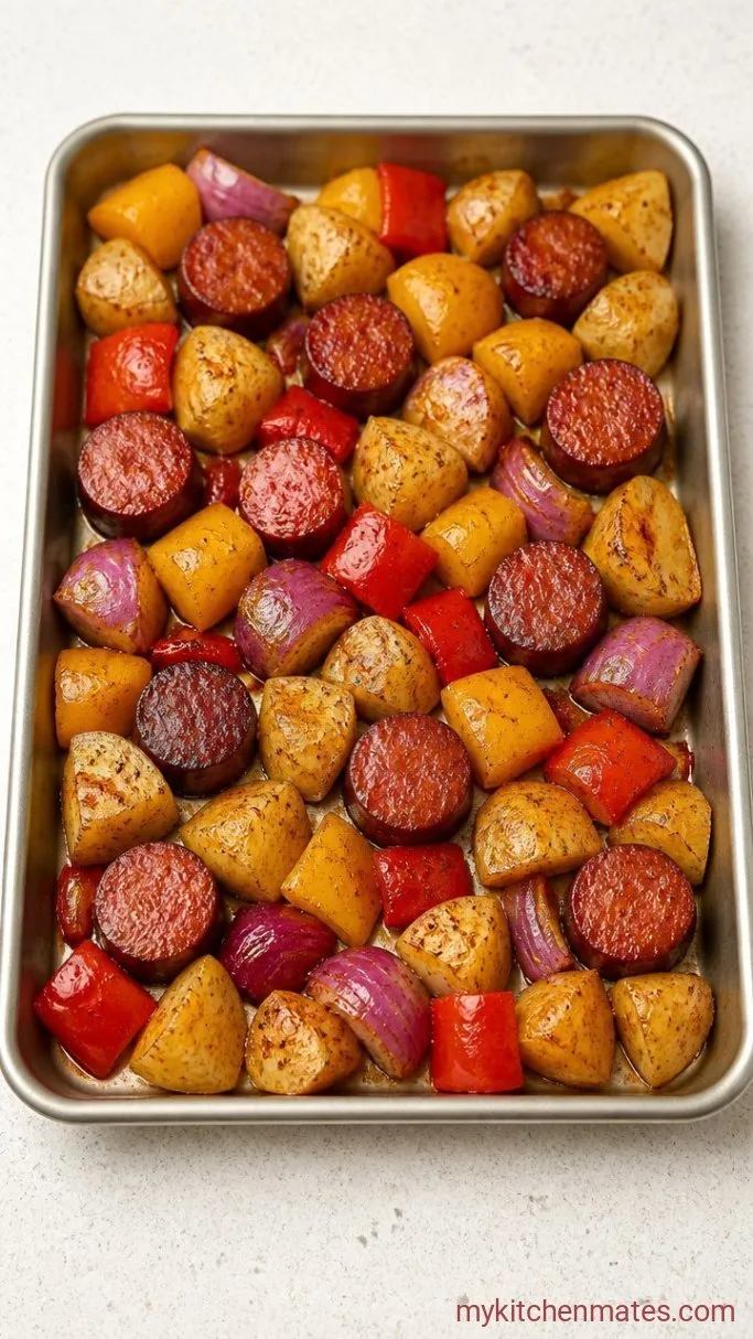 30-Minute Kielbasa Sheet Pan Dinner Step 2: Add the Kielbasa and Peppers