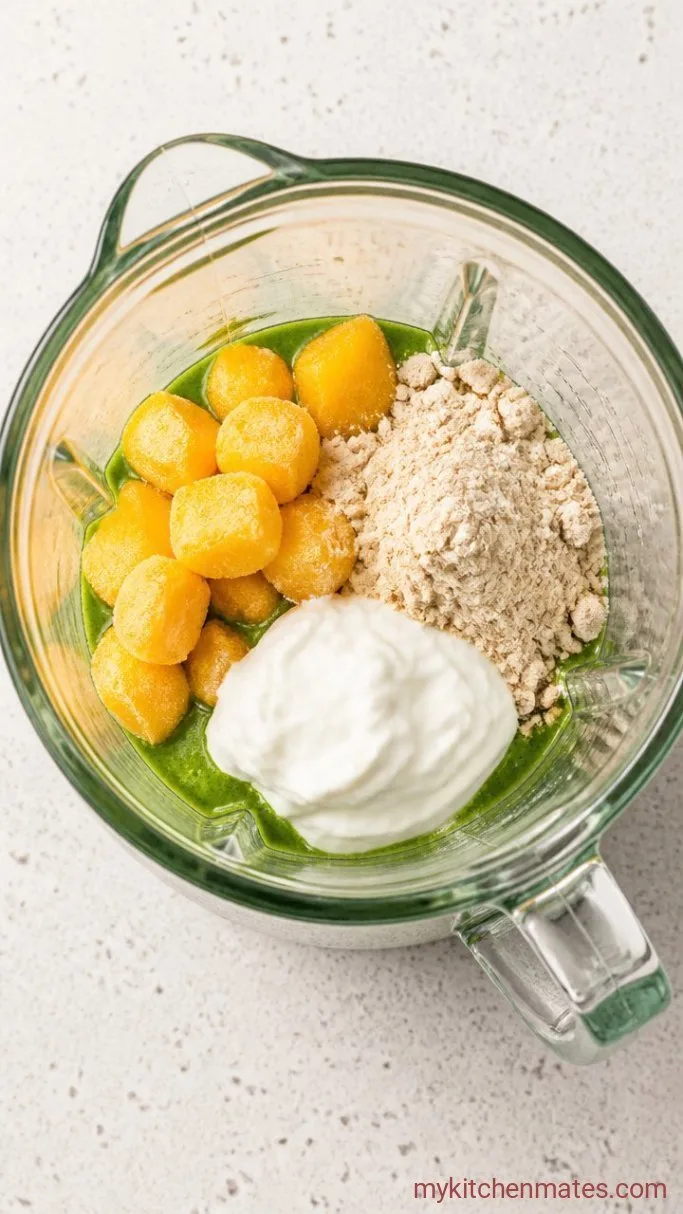 5-Ingredient Green Smoothie for Belly Fat Loss Step 2: Add the Protein and Mango
