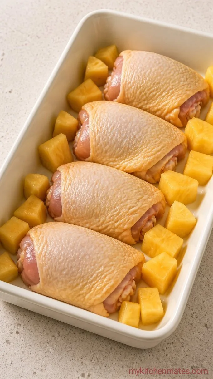 Sticky Baked Pineapple Chicken Step 2: Arrange the Chicken and Pineapple