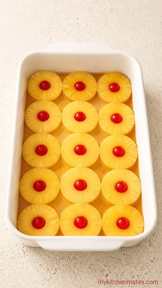 5-Ingredient Pineapple Upside Down Dump Cake Step 2: Arrange the Pineapple and Cherries