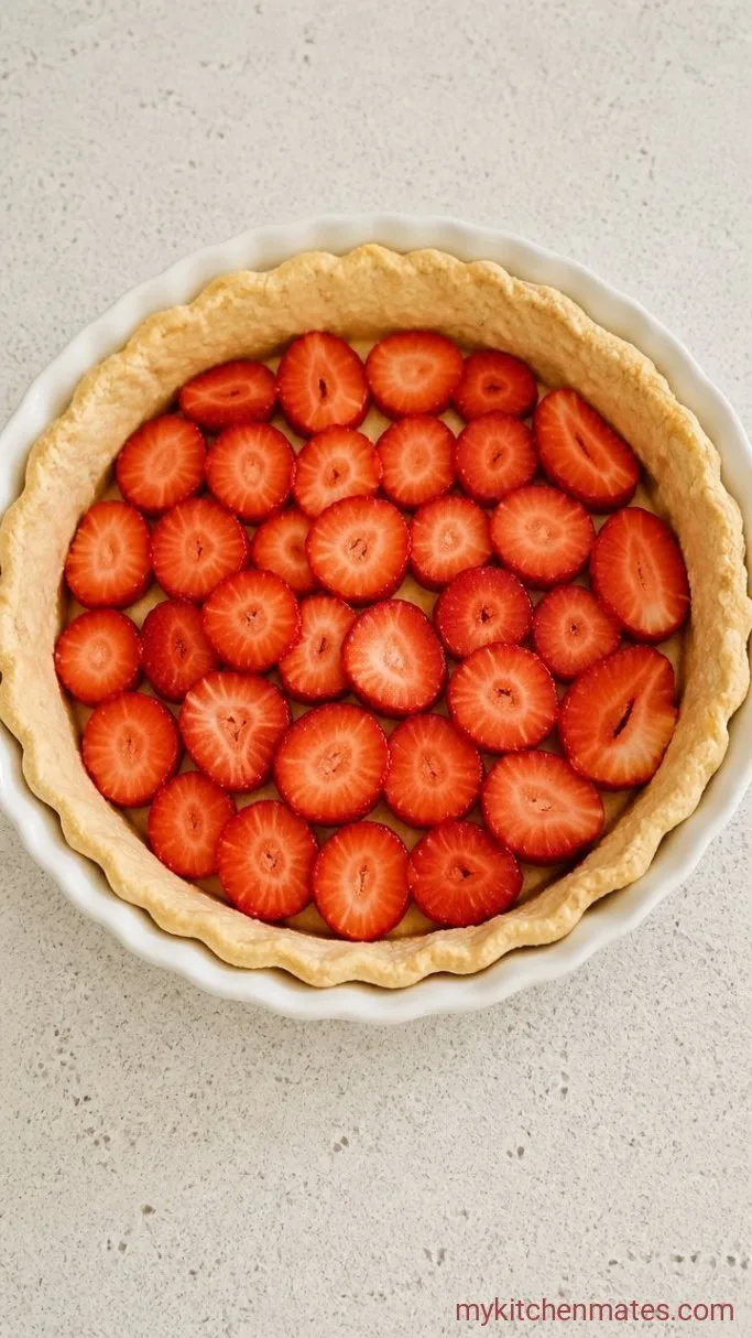 Strawberry Custard Pie with a Silky Custard Filling Step 2: Arrange the Strawberries