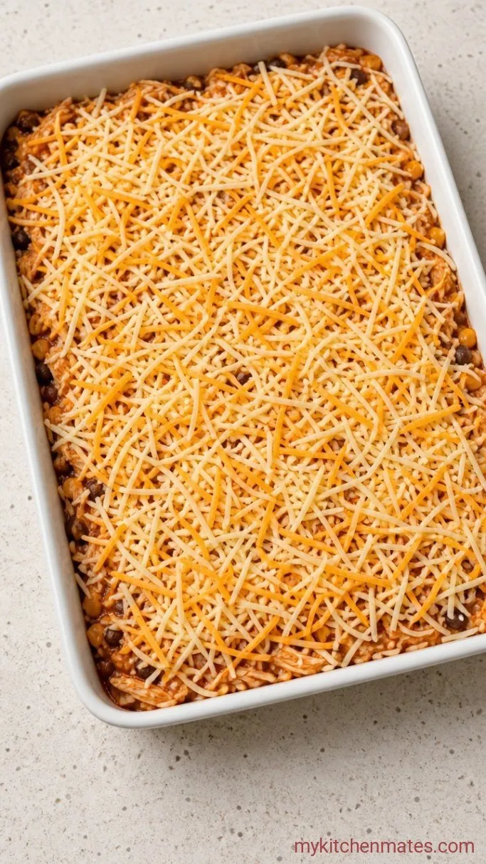 One-Dish Chicken Enchilada Rice Casserole Step 2: Assemble in the Baking Dish