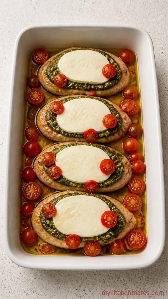 One-Dish Pesto Chicken Bake with Mozzarella and Tomatoes Step 2: Assemble the Bake