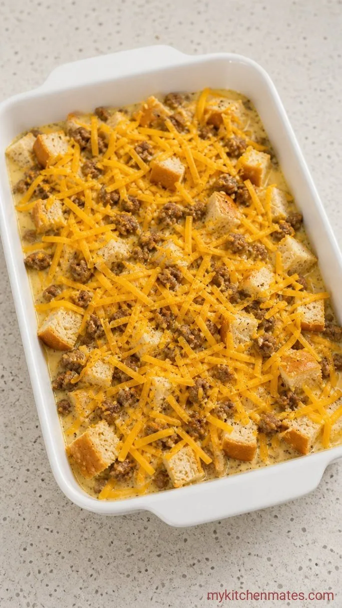 Make-Ahead Breakfast Casserole with Sausage and Cheddar Step 2: Assemble the Casserole