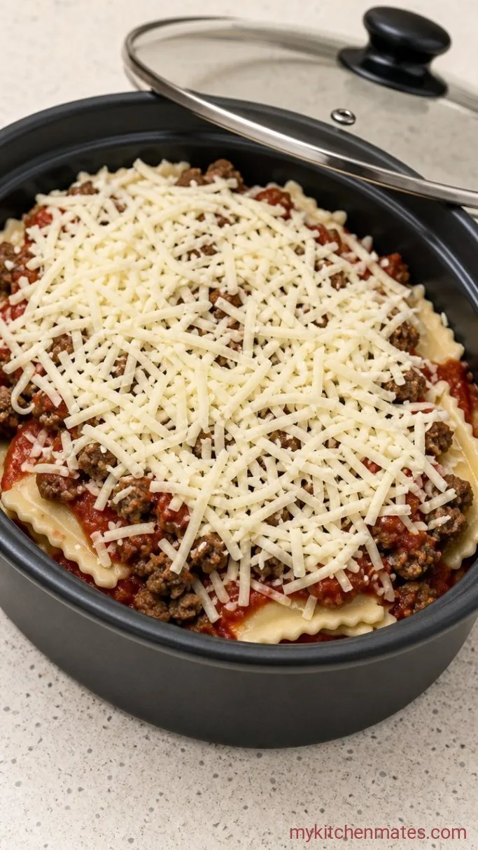 Easy 4-Ingredient Crockpot Ravioli Lasagna Step 2: Assemble the Layers