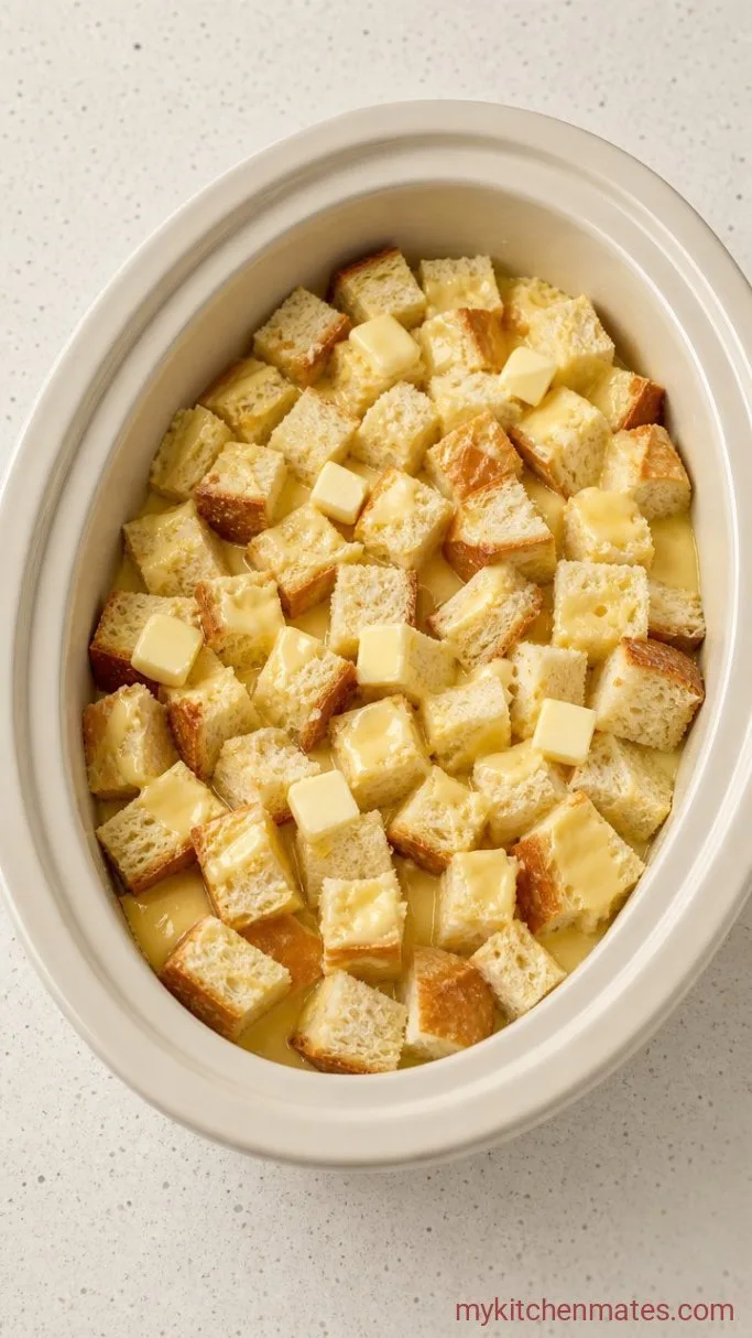 Overnight Crockpot French Toast Casserole Step 2: Build the Casserole