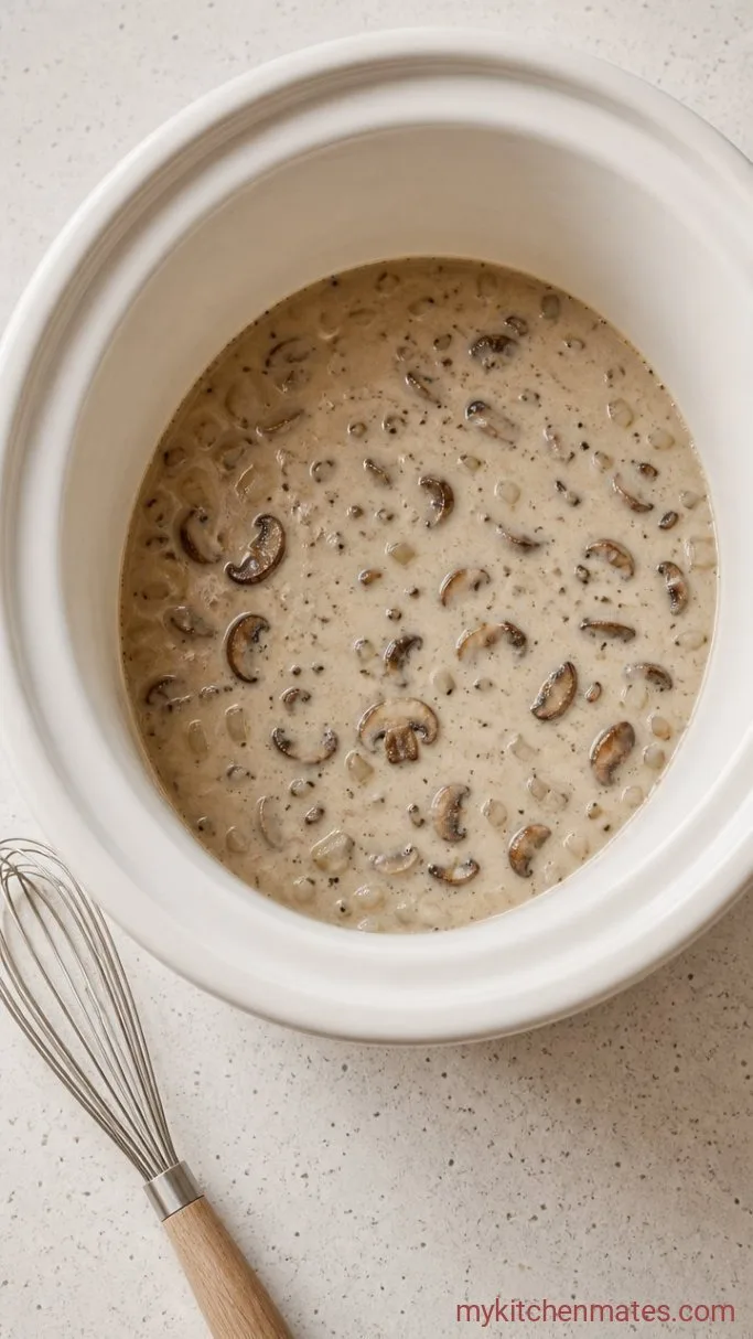 Slow Cooker Green Bean Casserole (Creamy, Crispy, No Oven) Step 2: Build the Creamy Mushroom Sauce