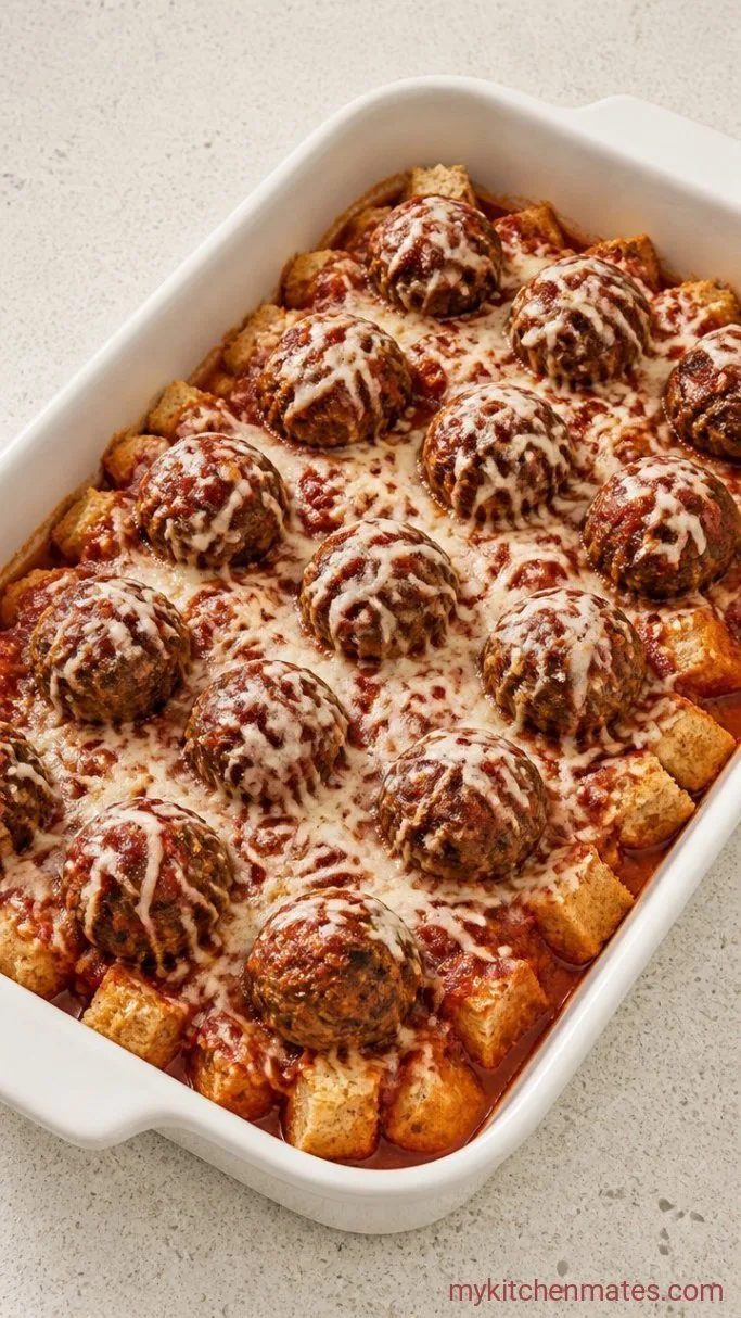 Hearty Meatball Sub Casserole with Garlic Bread Topping Step 2: Build the Layers