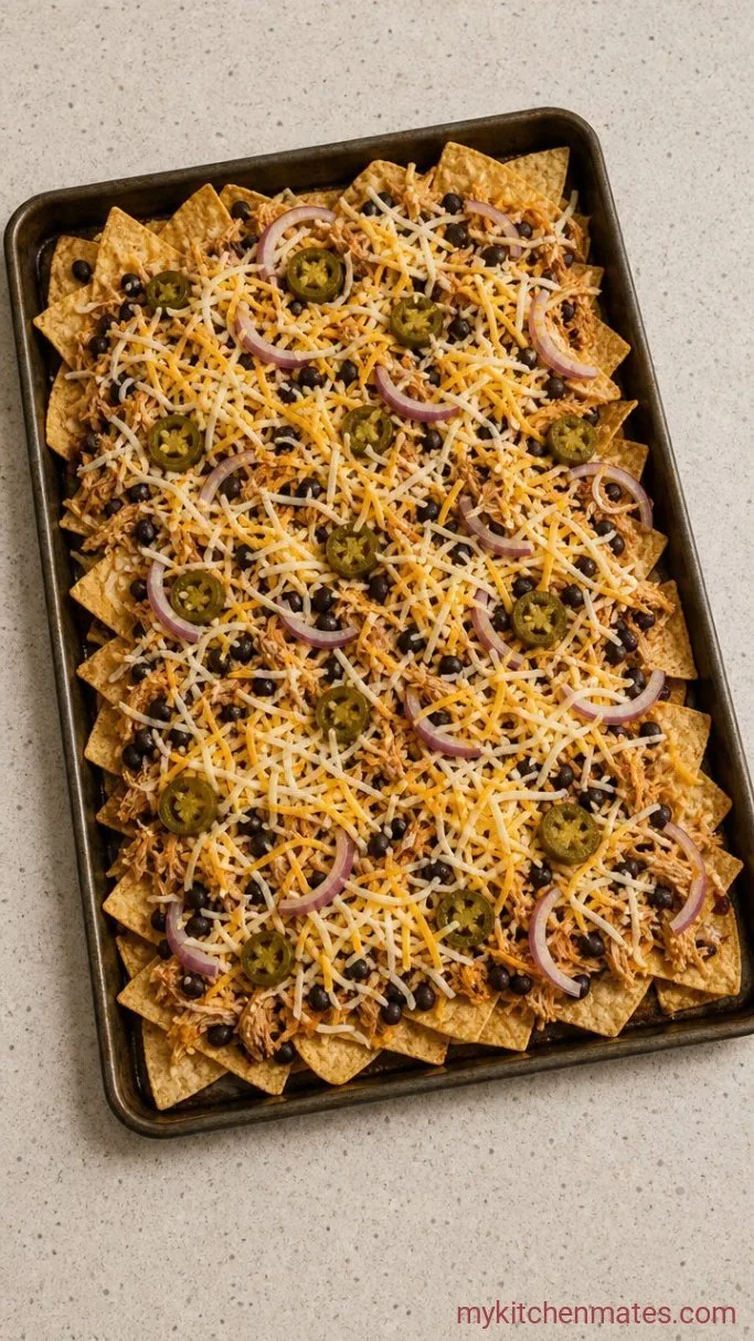 Sheet Pan Pulled Chicken Nachos Step 2: Build the Nachos