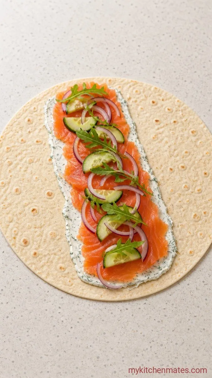 10-Minute Smoked Salmon Wraps with Creamy Dill Spread Step 2: Build the Wraps