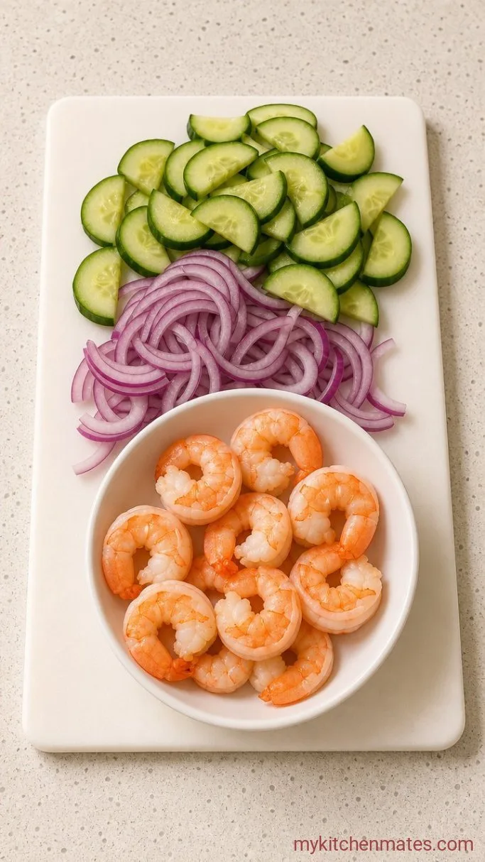 15-Minute Cucumber Shrimp Salad Step 2: Chop the Cucumber and Onion