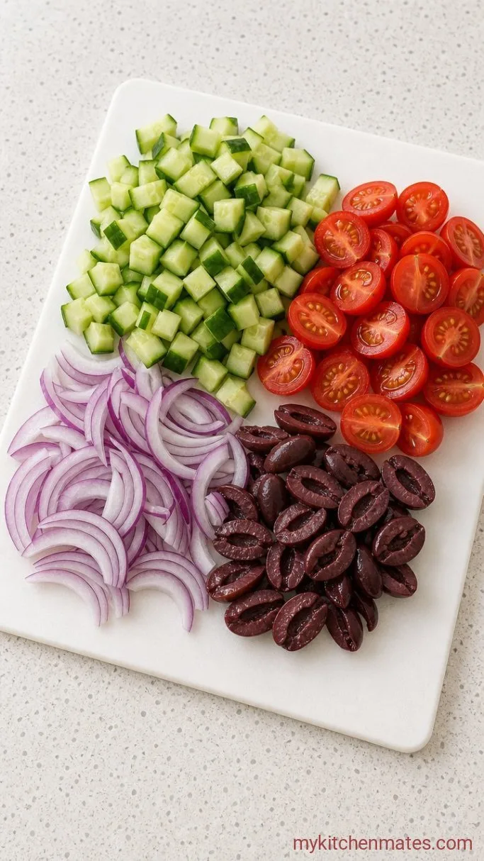 Quick Greek Tortellini Pasta Salad Step 2: Chop the Veggies and Olives
