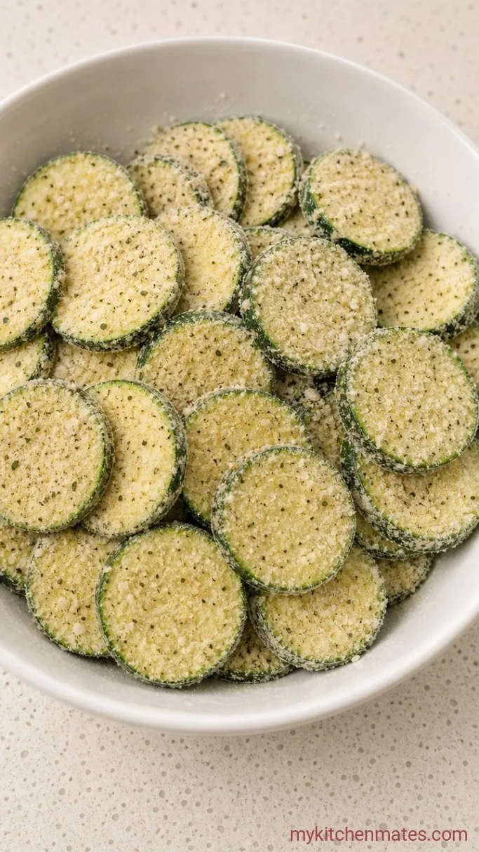 15-Minute Crispy Air Fryer Zucchini Chips Step 2: Coat with the Crisp Mixture