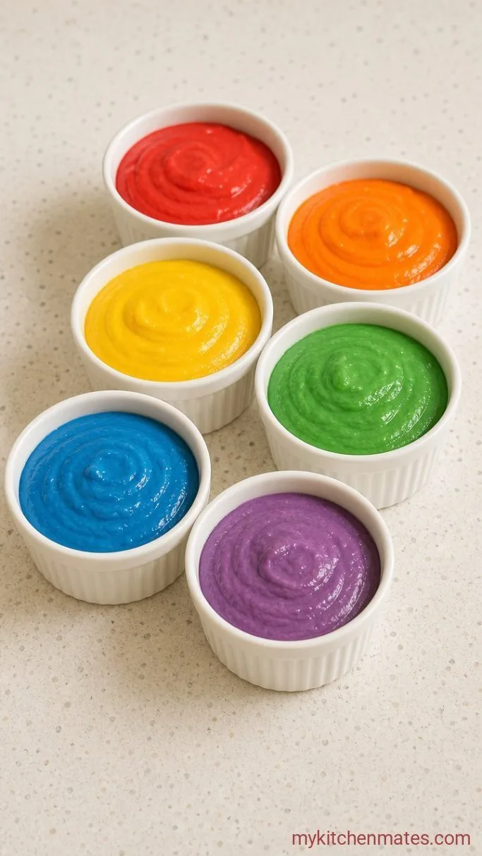 Easy Unicorn Birthday Cake with Rainbow Layers Step 2: Color the Batter