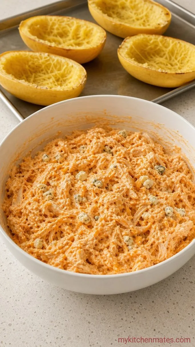 Buffalo Chicken Spaghetti Squash Boats Step 2: Combine the Buffalo Filling