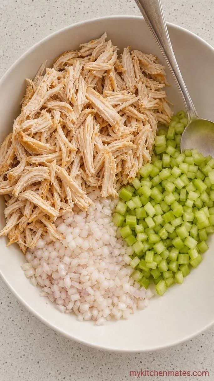 Creamy Chicken Salad Chick Copycat (Just Like Classic Carol) Step 2: Combine the Chicken and Crunchy Veggies