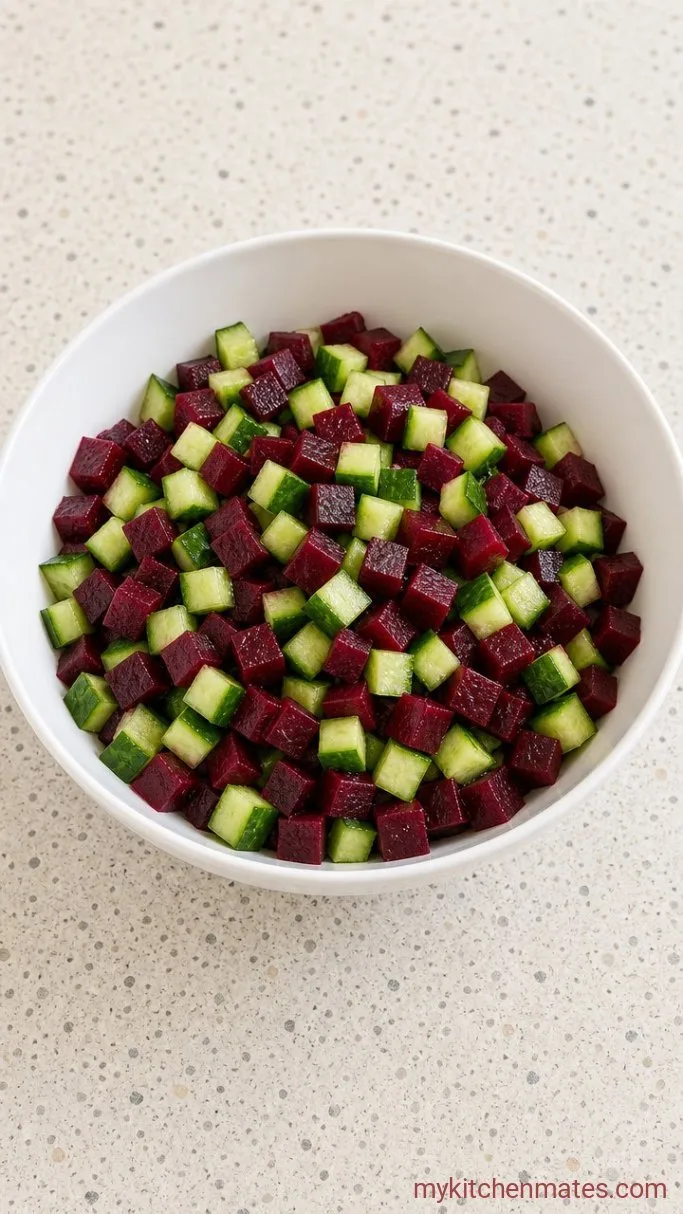 10-Minute Beet Cucumber Feta Salad Step 2: Combine the Vegetables