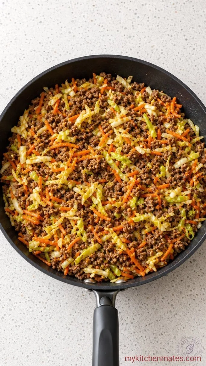 Quick Ground Beef Egg Roll in a Bowl Step 2: Cook the Cabbage and Carrots
