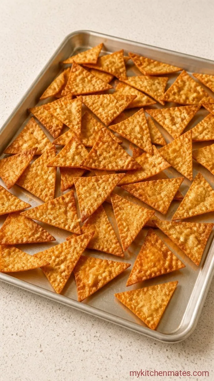 Crispy Crab Rangoon Nachos – No Folding Required Step 2: Crisp the Wonton Chips