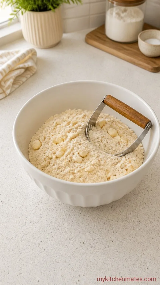 Quick & Flaky Sourdough Cheddar Biscuits Step 2: Cut in the Cold Butter