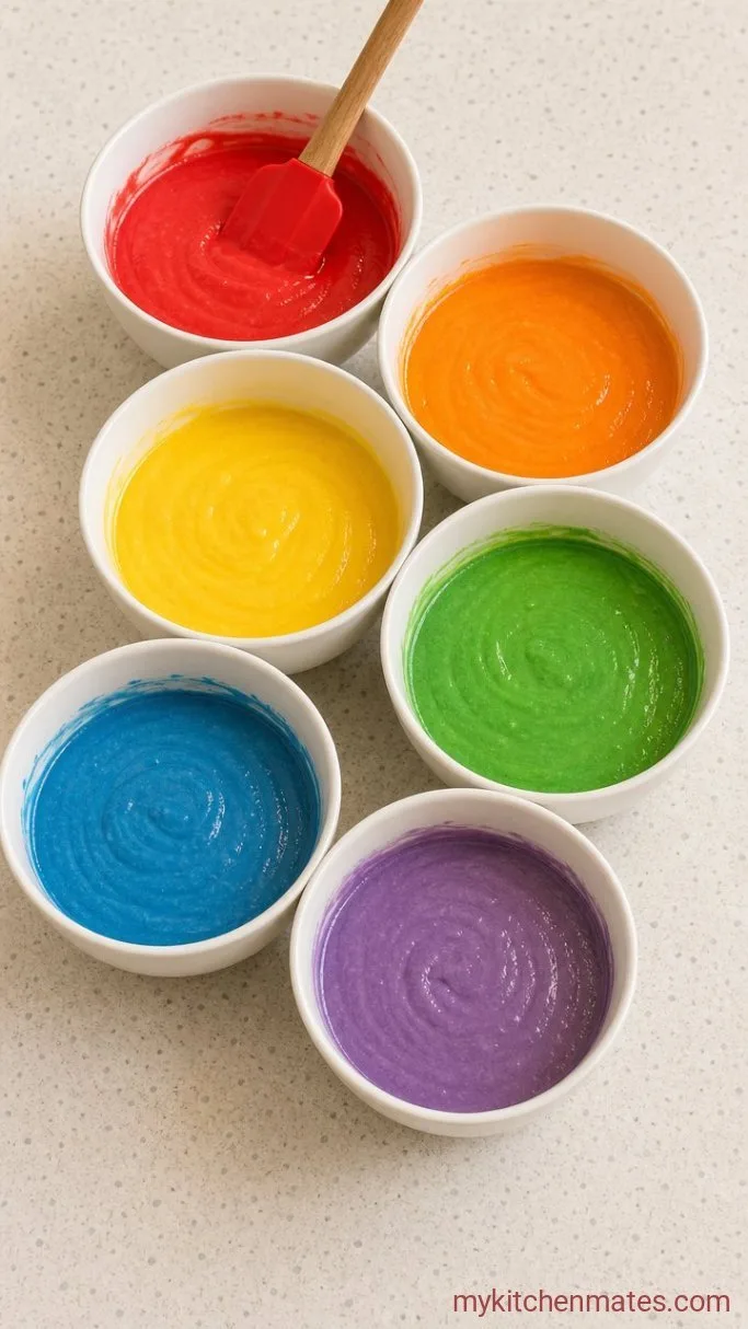 Rainbow Birthday Cake with Fluffy Vanilla Layers Step 2: Divide and Tint the Batter