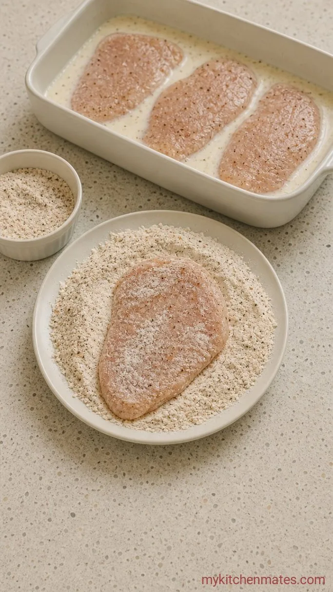Crispy Baked Chicken Cutlets with Lemon and Parmesan Step 2: Dredge in Seasoned Flour