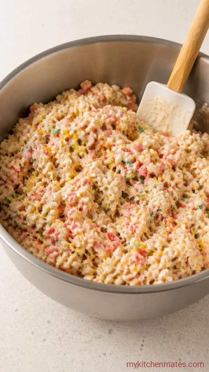 10-Minute Fruity Pebbles Rice Krispie Treats Step 2: Fold in the Cereals