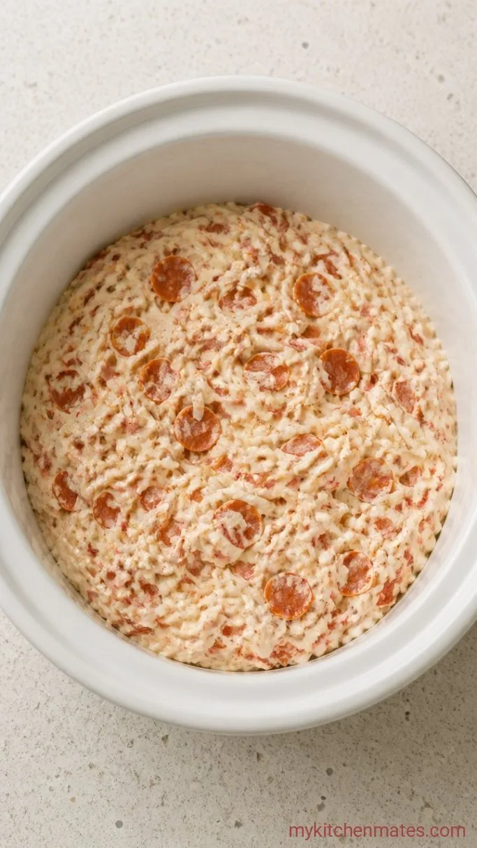 5-Ingredient Crockpot Pizza Dip Step 2: Fold in the Cheese and Pepperoni